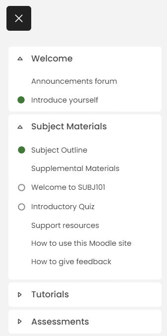 Moodle 4.1 site index with activities completed in student view